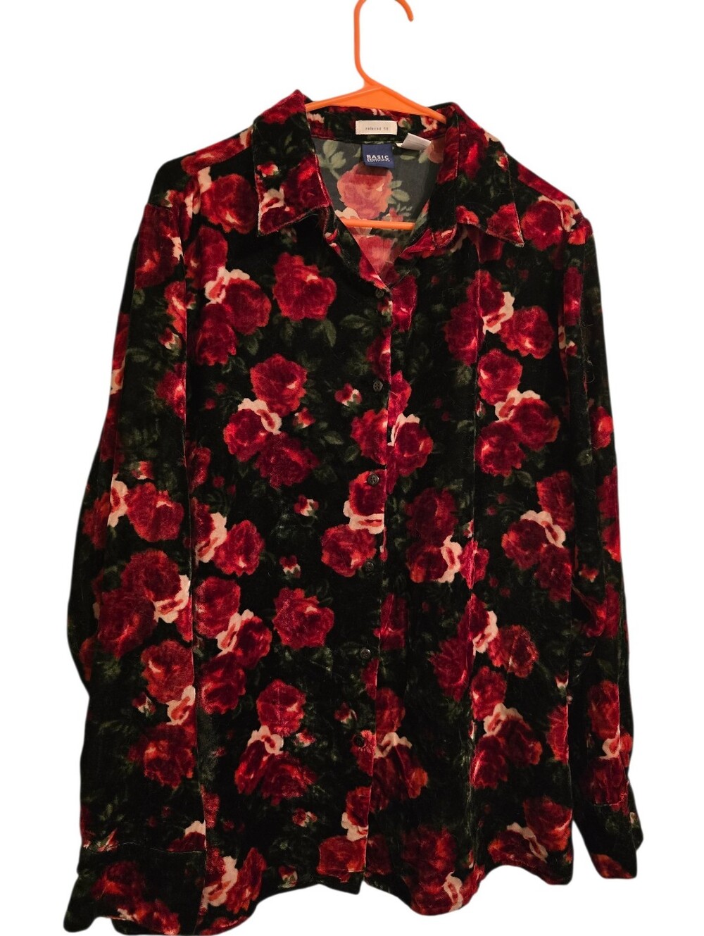 Vintage | Red Floral Velour Button-Up Blouse